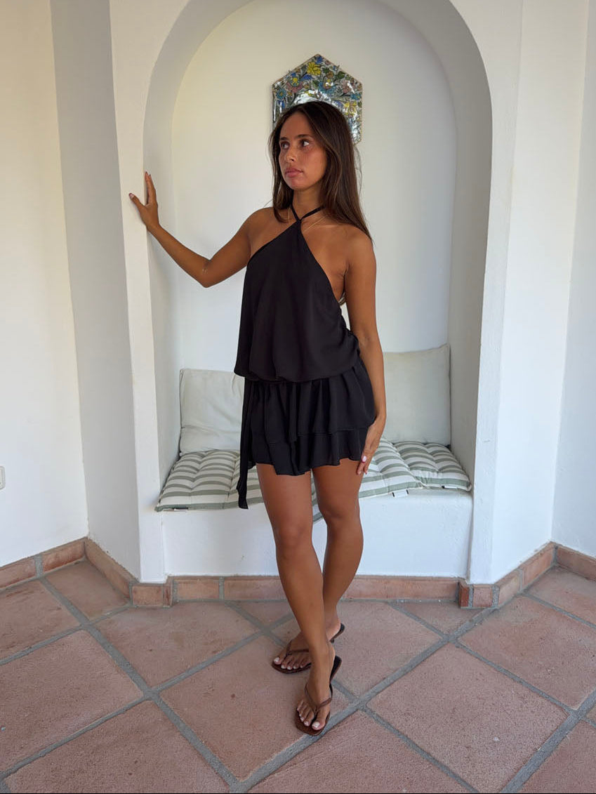 halter dress with shorts Lulitiana halterneck - Black - Size M/L Color:Daydream womens white flared long Macys12 stretch woven material