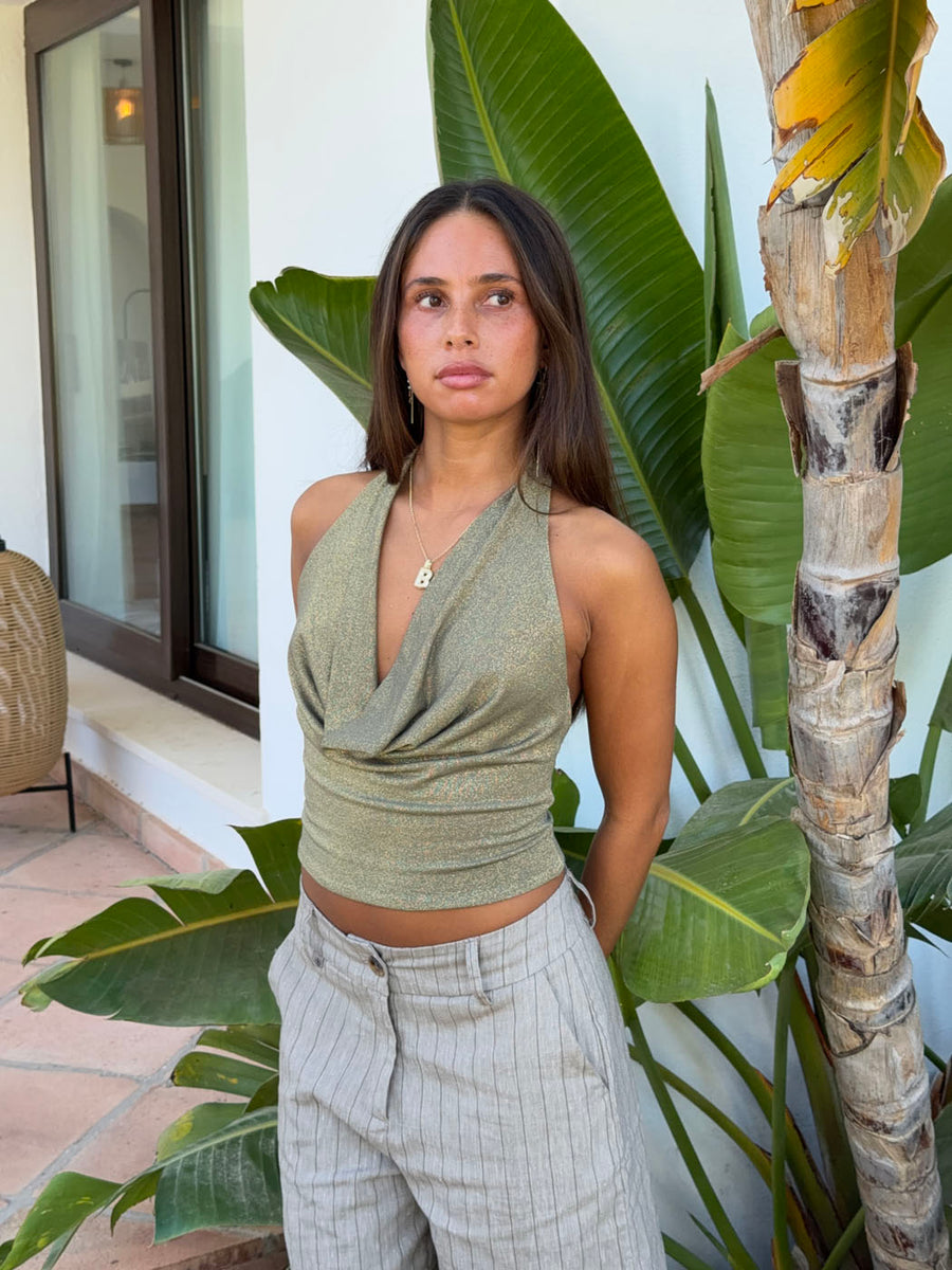 Martha halterneck top with glitter – khaki