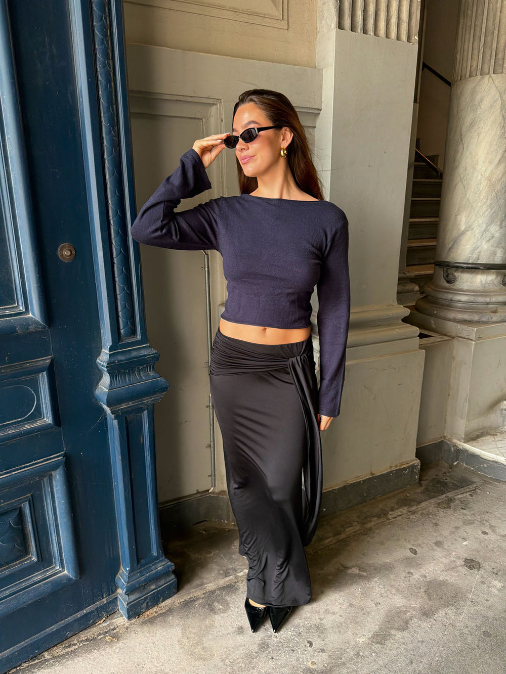 Simona 2 ways tie blouse - Navy