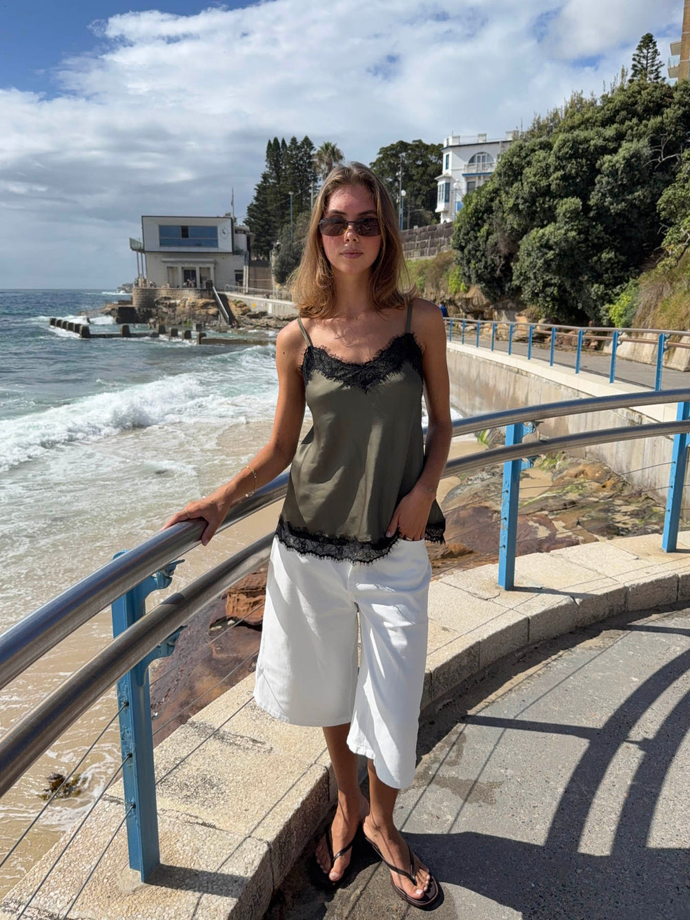 Daniana satin top with lace - Khaki