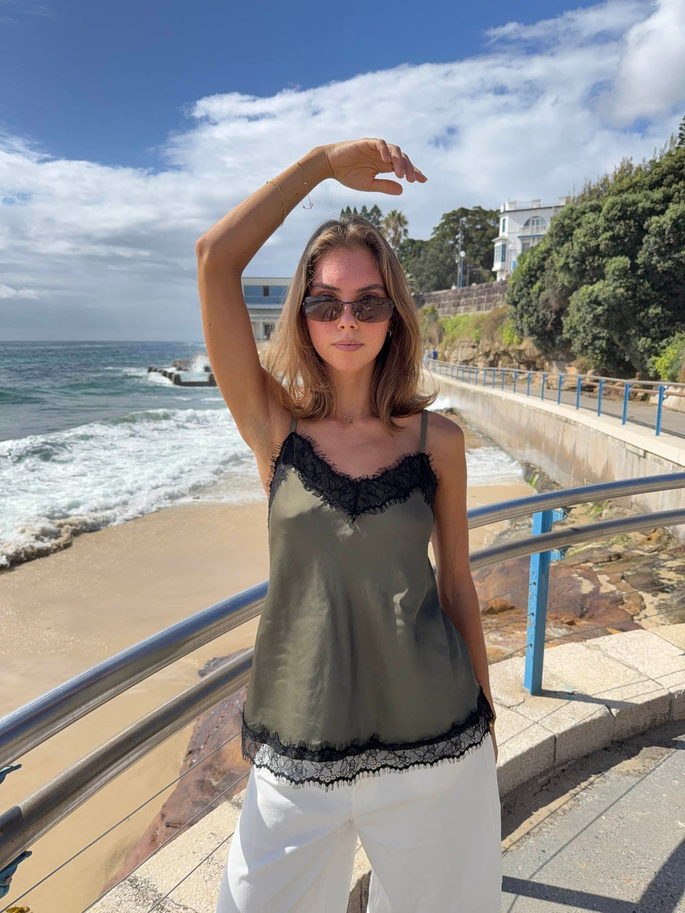 Daniana satin top with lace - Khaki