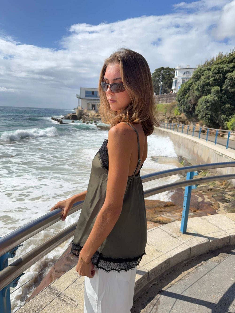 Daniana satin top with lace - Khaki