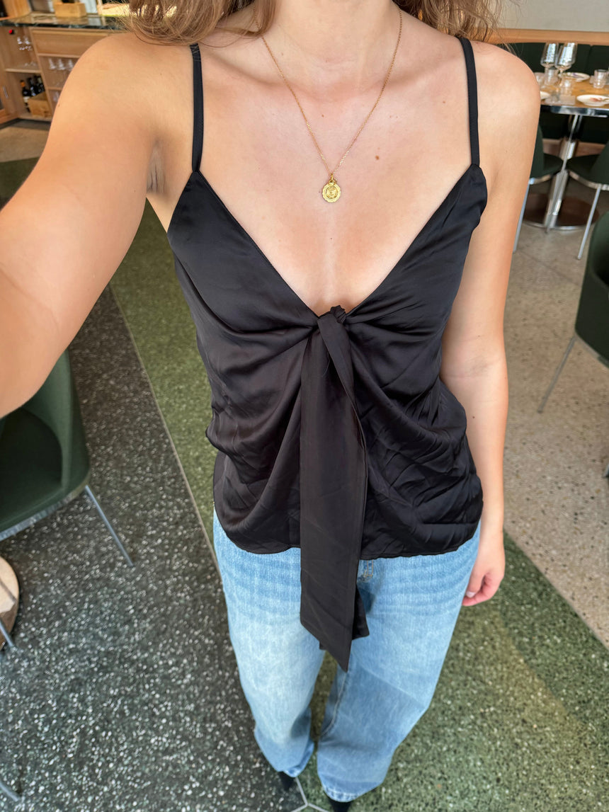 Blair satin tie top - Black