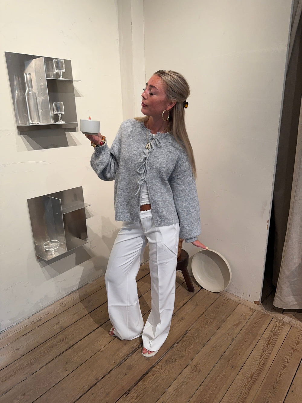 Gunilla knitted cardigan with tie details - Light grey
