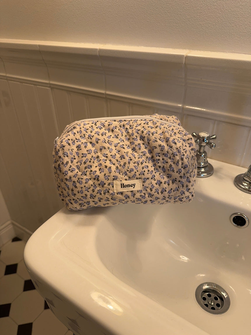 Honey Small Toiletry Bag - White with Blue Flowers