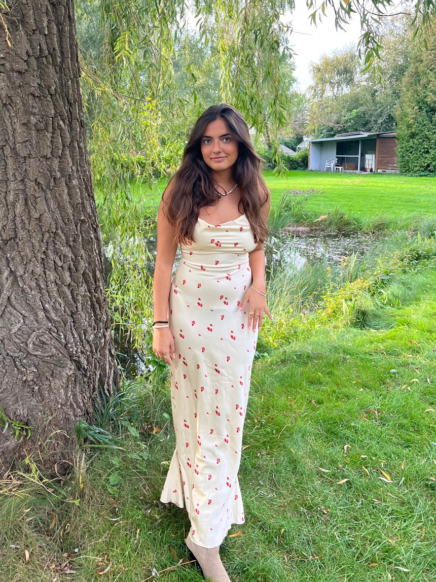 Juliana satin dress - gold with red flowers