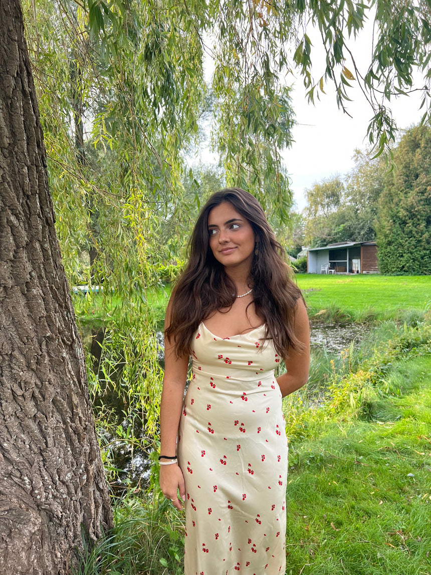 Juliana satin dress - gold with red flowers