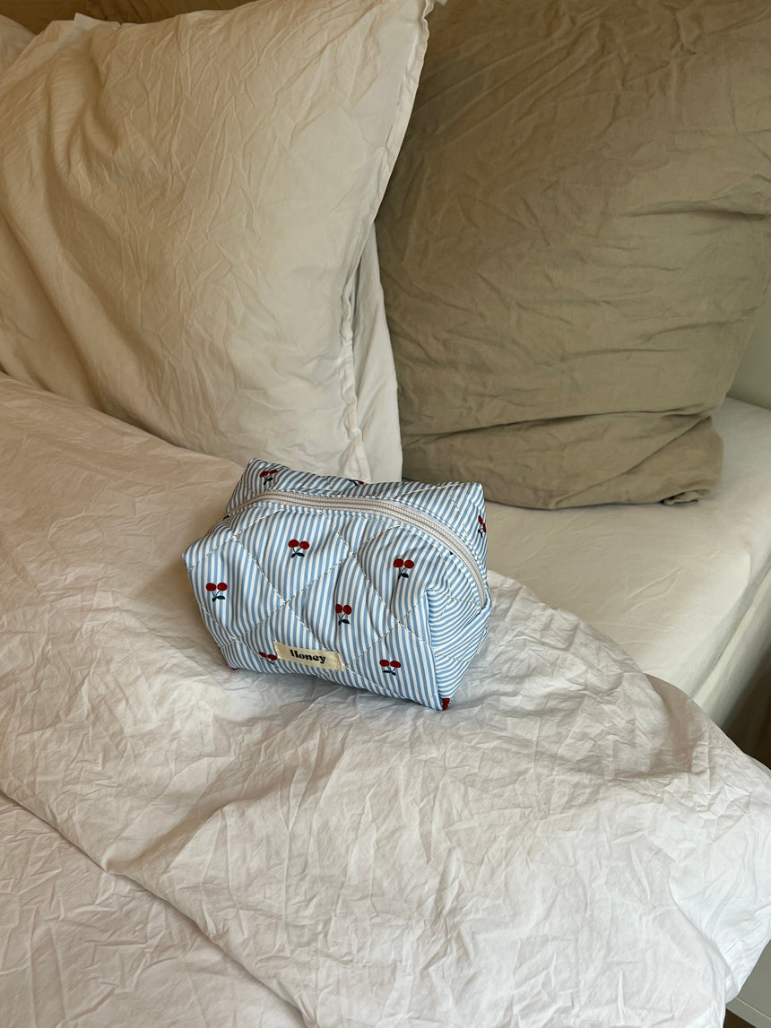 Honey small toiletry bag - Blue/white stripes with cherries