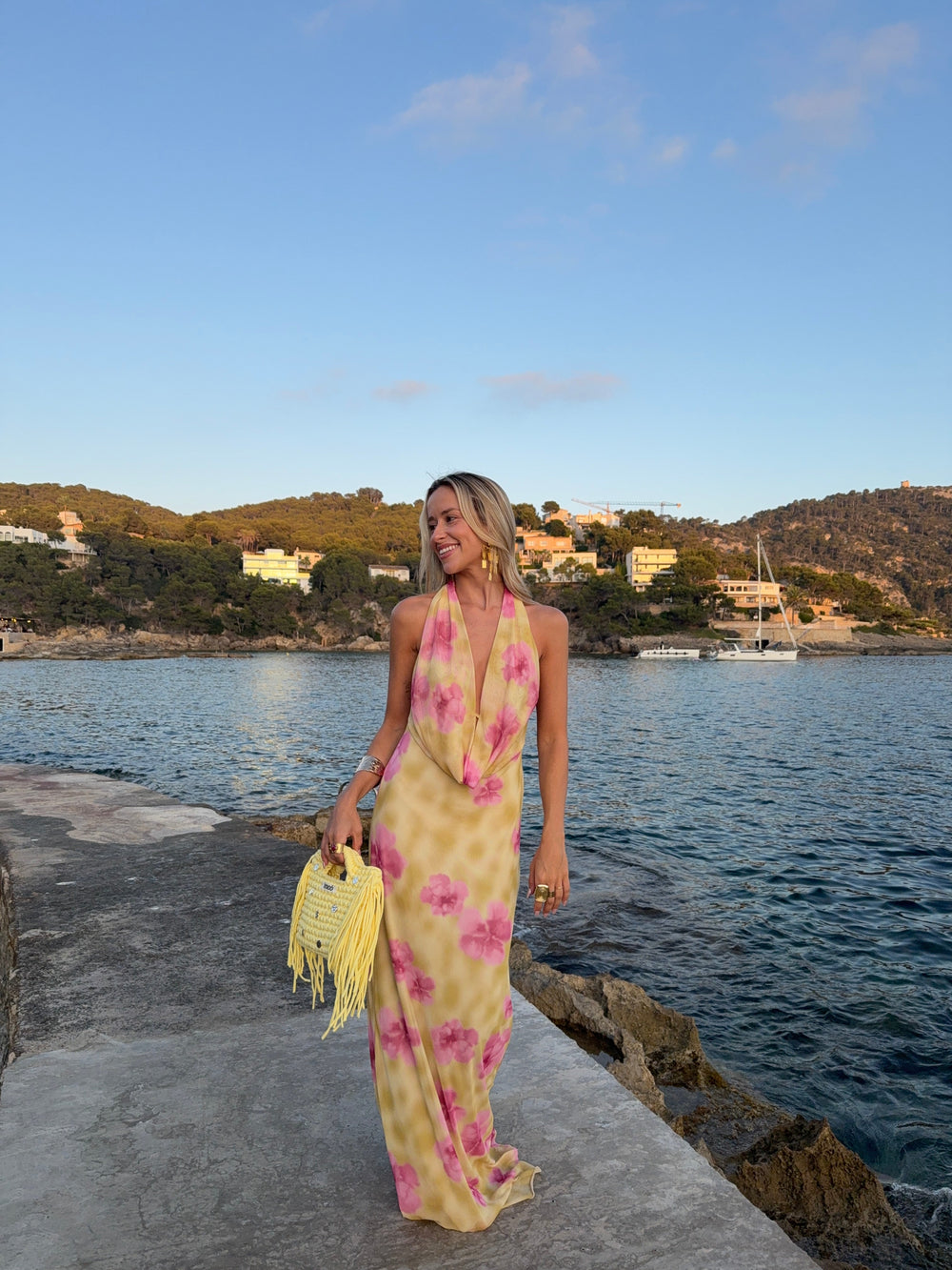 Columbine maxi dress - Yellow with pink flowers