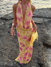 Columbine maxi dress - Yellow with pink flowers