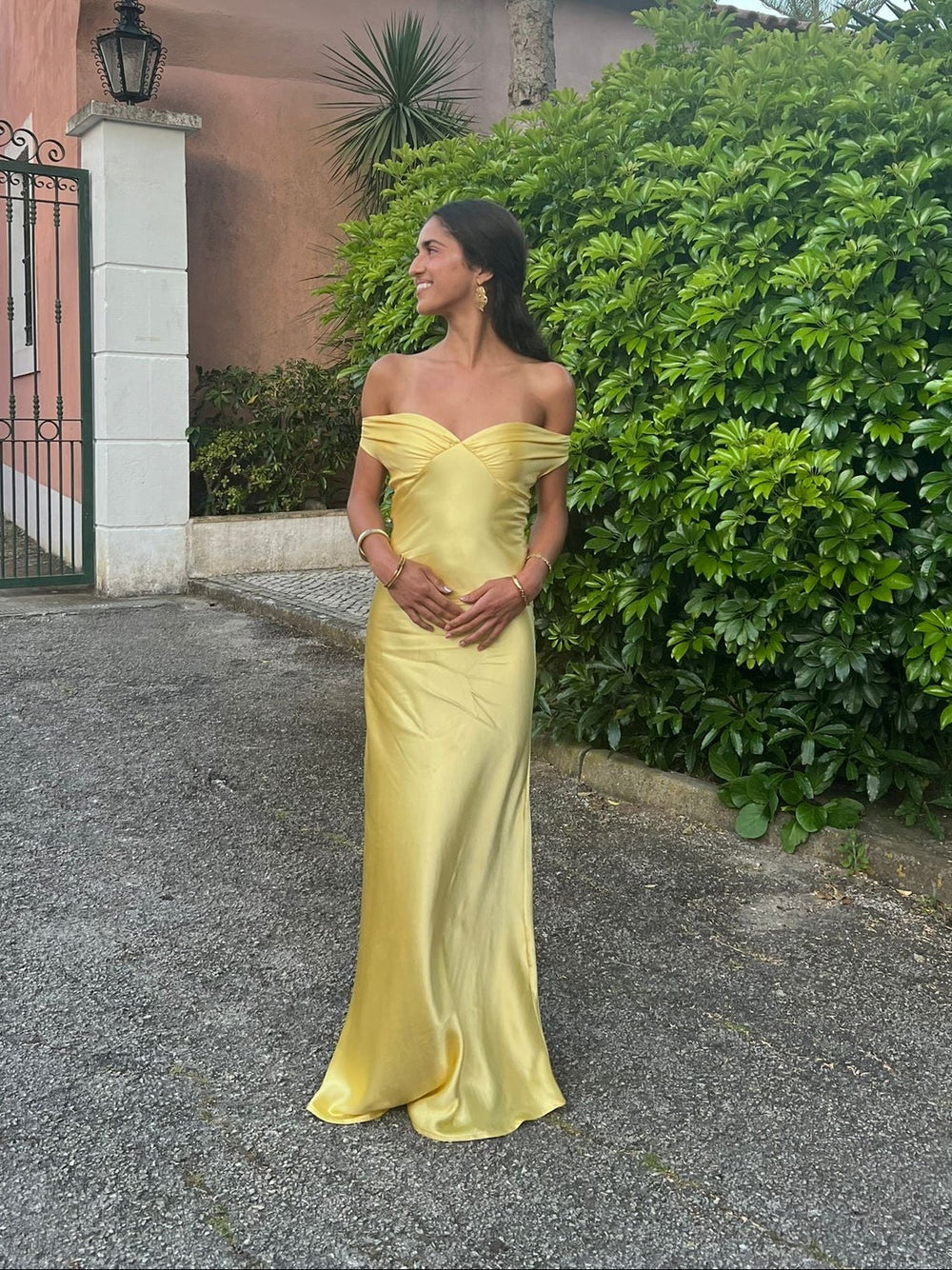 yellow satin off the shoulder dress Ladivine- Satin Off the Shoulder A-Line Dress in Light