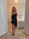 Sheyla asymmetric satin dress with lace - Black