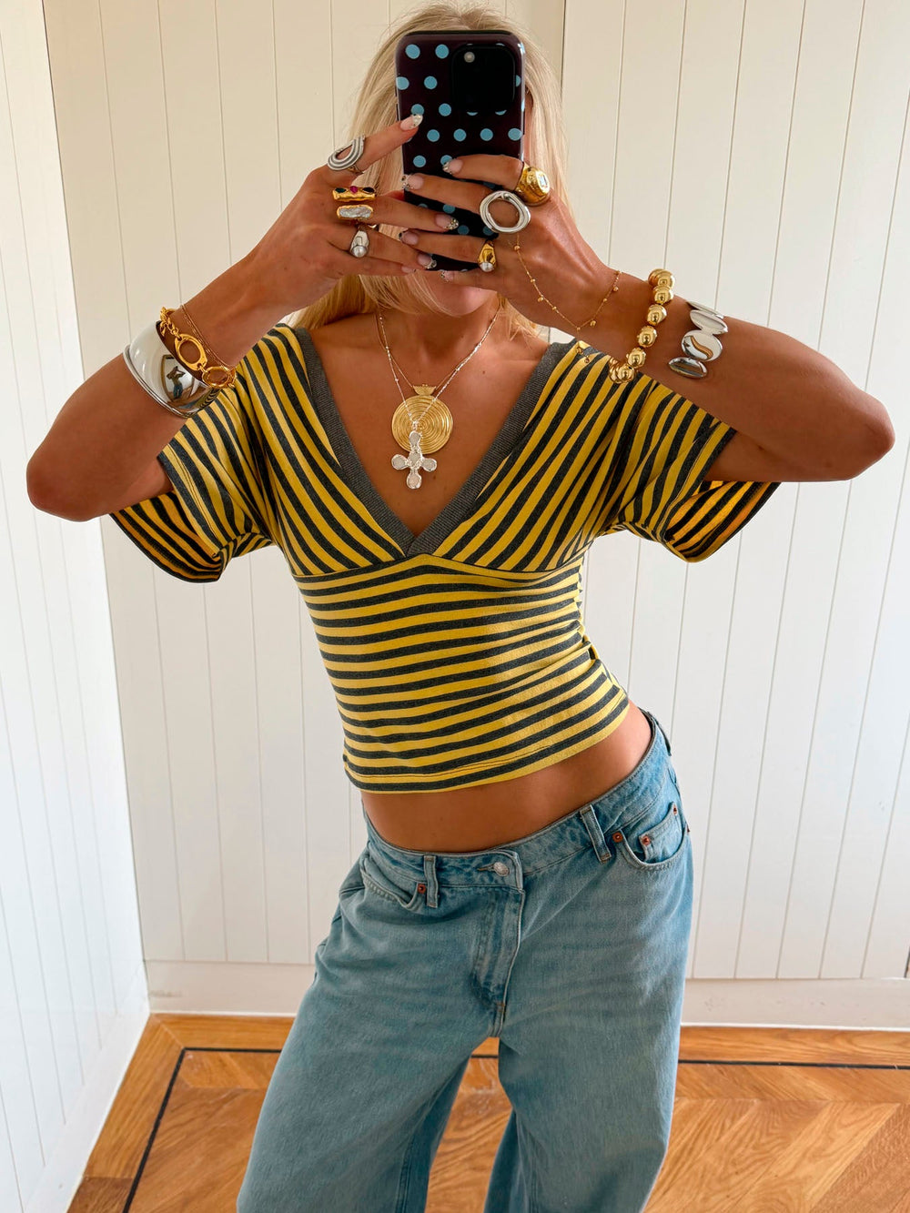 Scandivv blouse with stripes - Grey/yellow