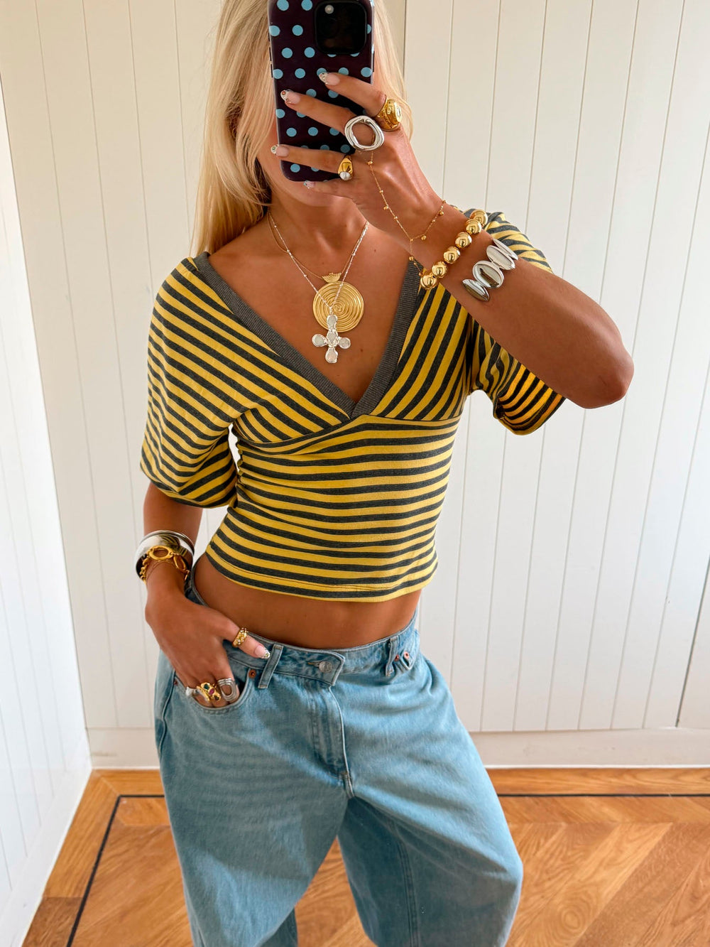 Scandivv blouse with stripes - Grey/yellow