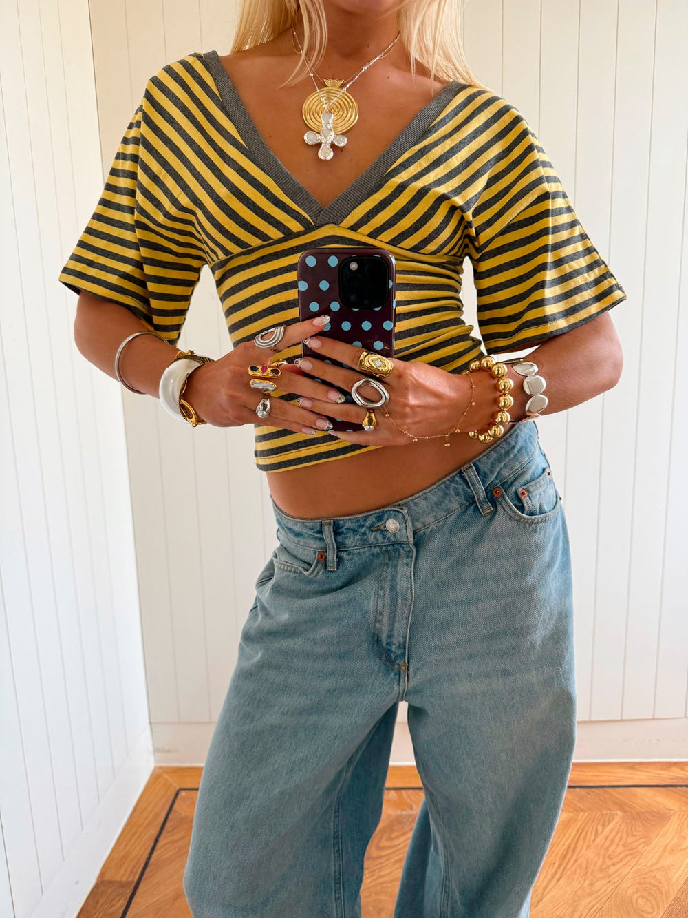 Scandivv blouse with stripes - Grey/yellow