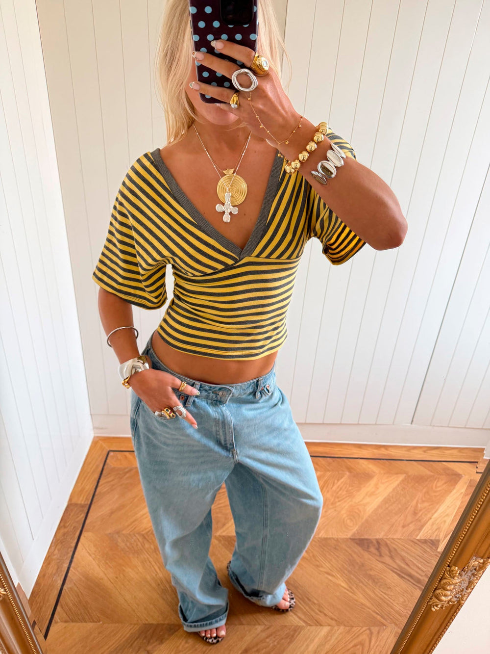 Scandivv blouse with stripes - Grey/yellow