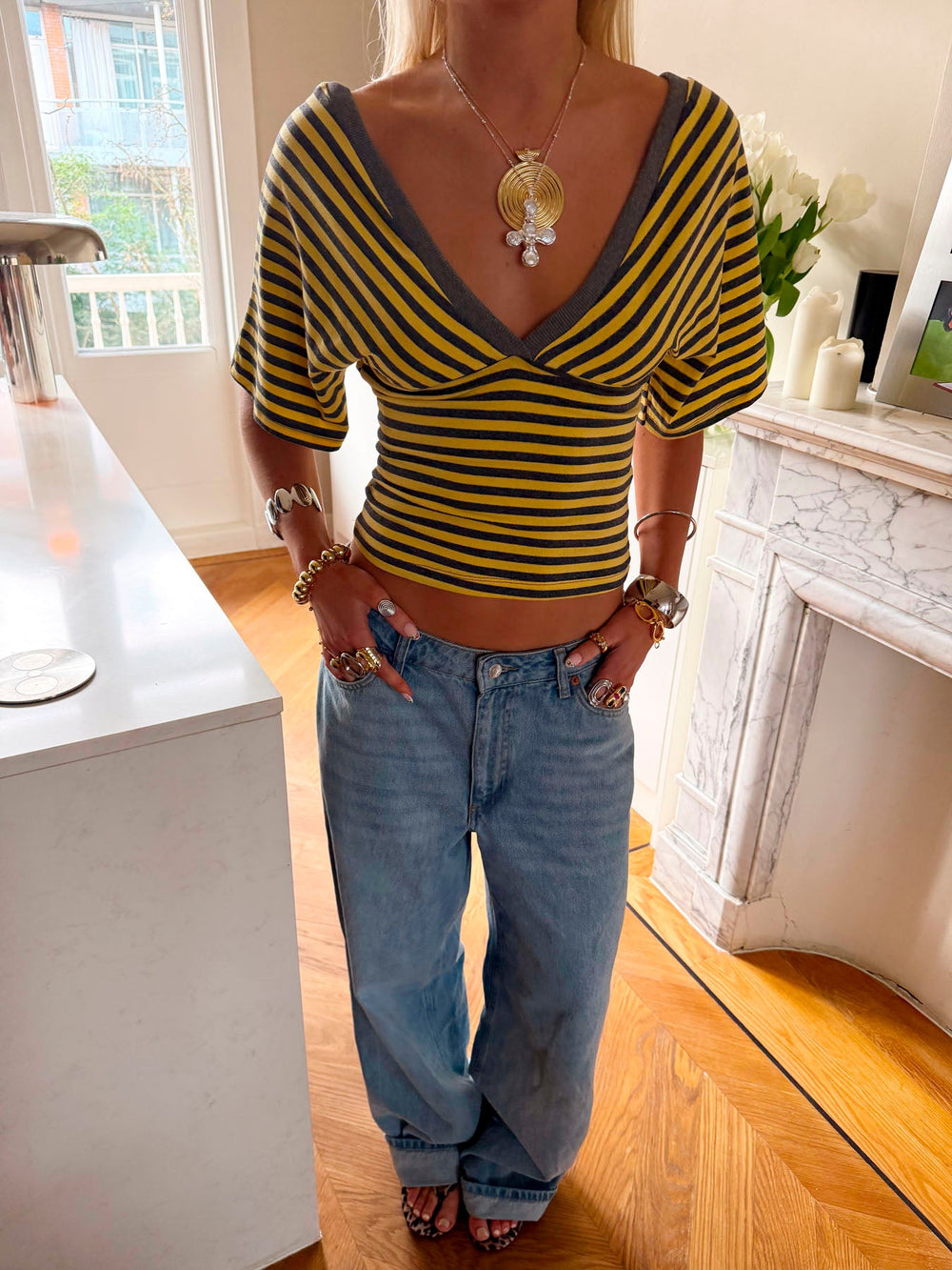 Scandivv blouse with stripes - Grey/yellow