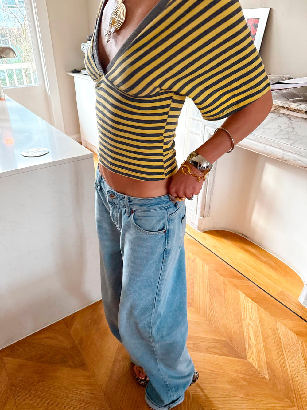 Scandivv blouse with stripes - Grey/yellow