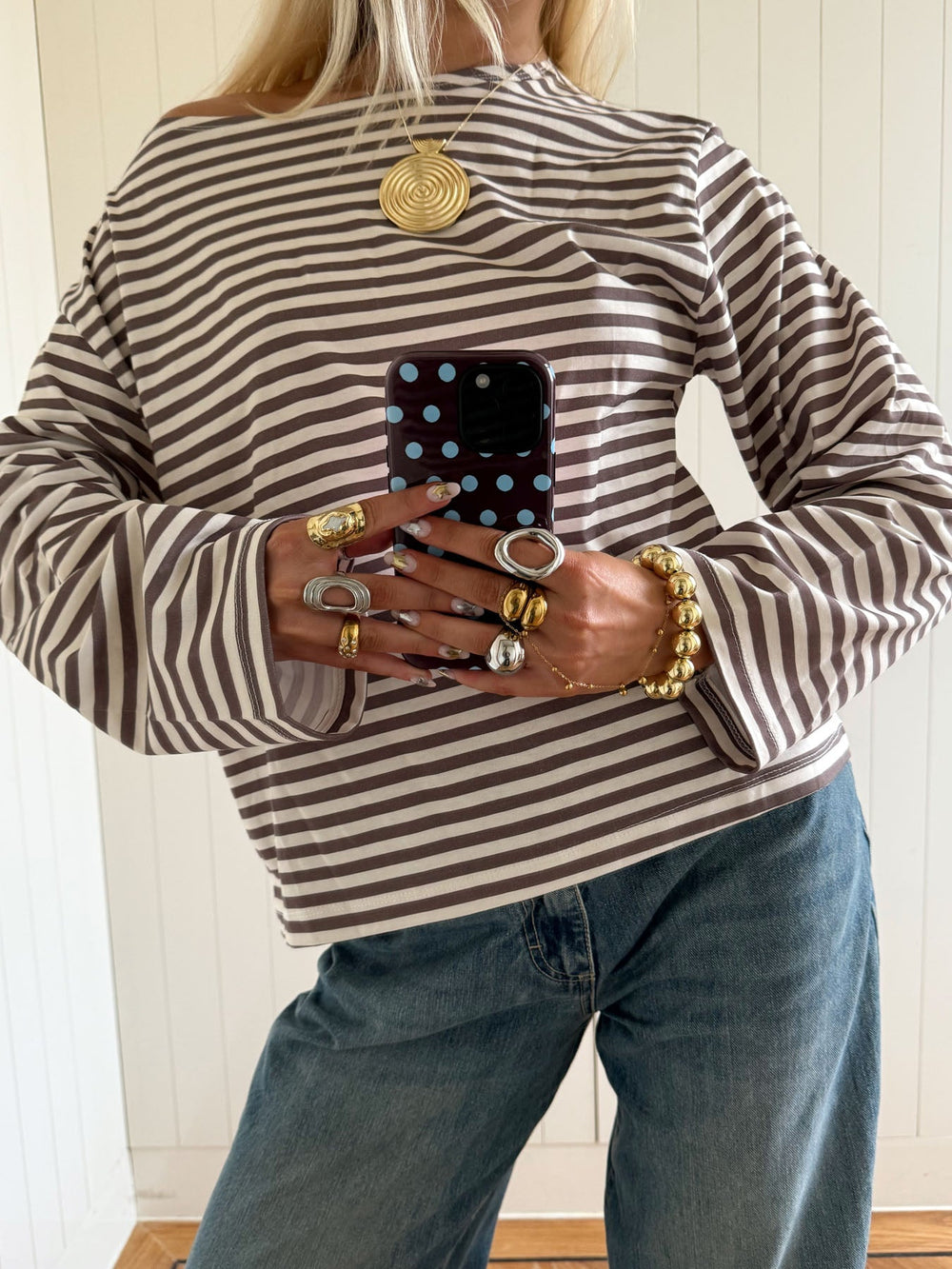 Scandivv blouse with stripes – Grey/white