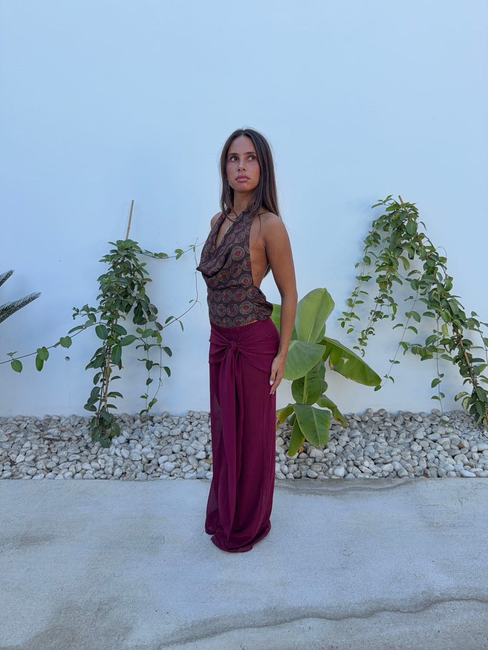 Estrella trousers in mesh with tie detail – Burgundy