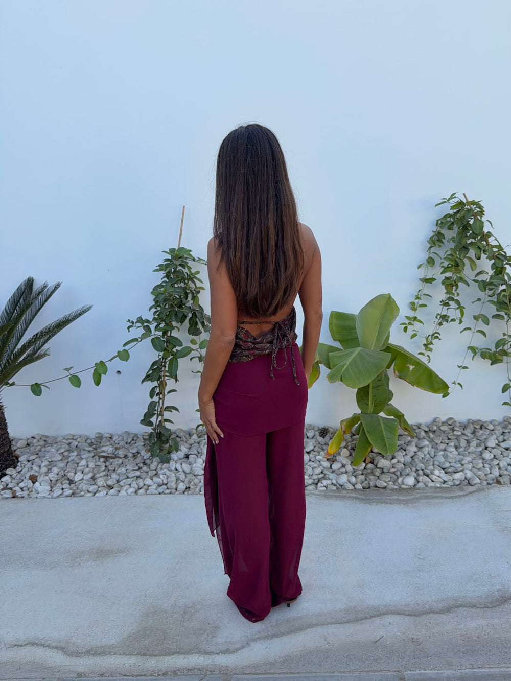 Estrella trousers in mesh with tie detail – Burgundy