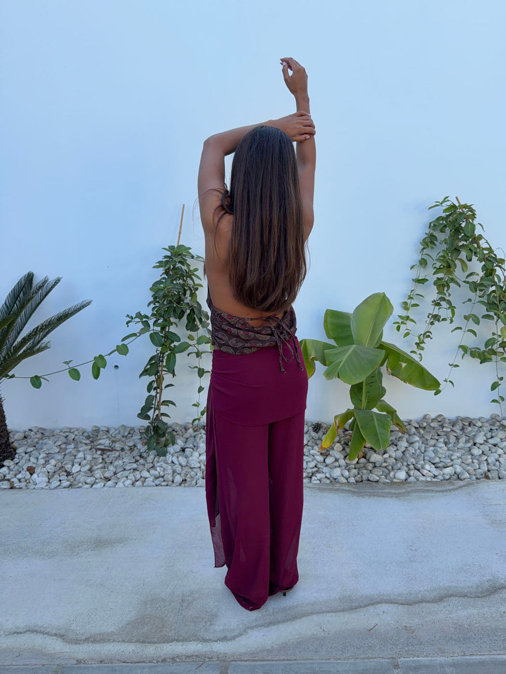 Estrella trousers in mesh with tie detail – Burgundy