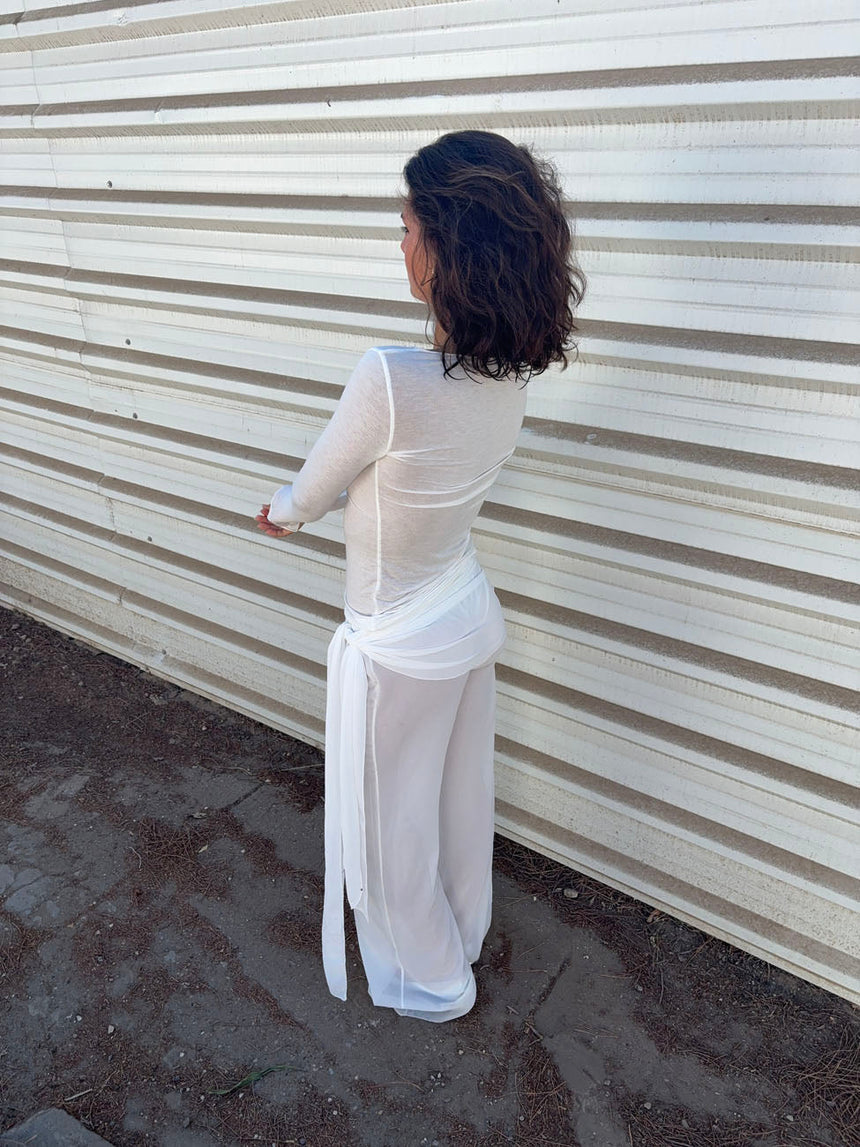 Estrella mesh trousers with tie detail – White