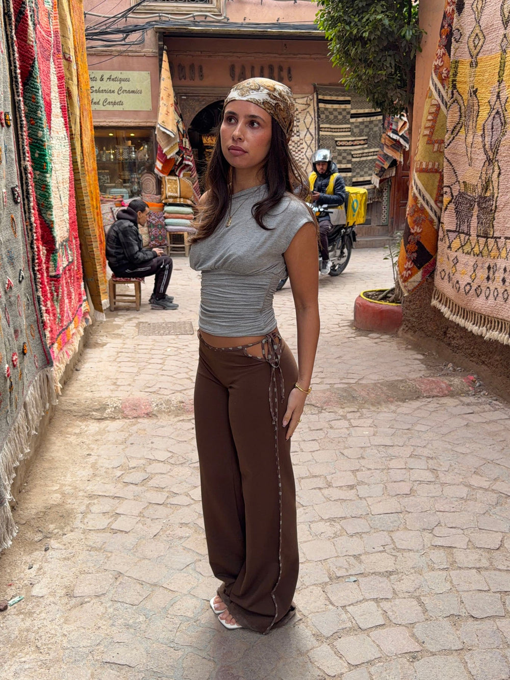 Binda pants with drawstring and polka dots – Brown