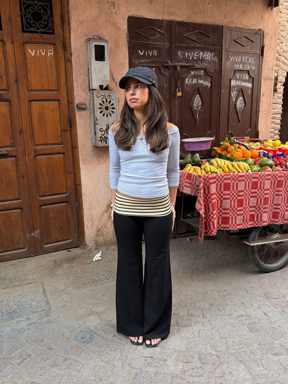 Lolua pants with fold in stripes - Black/yellow/white