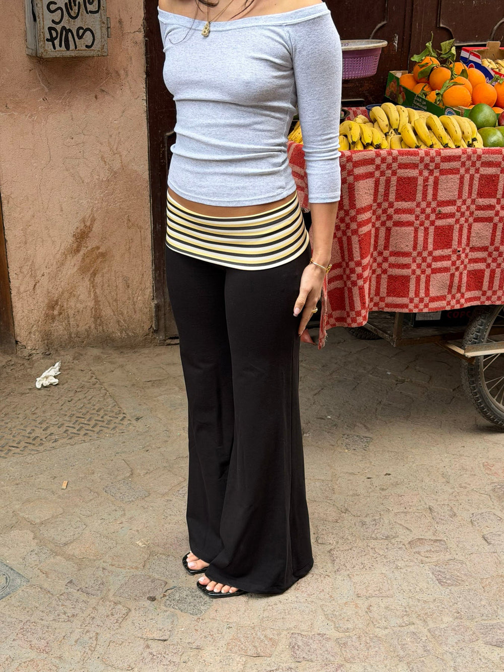 Lolua pants with fold in stripes - Black/yellow/white