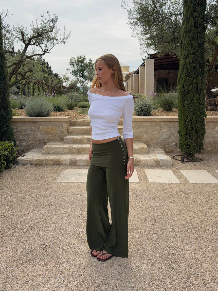 Tula trousers with fold detail and buttons – Khaki