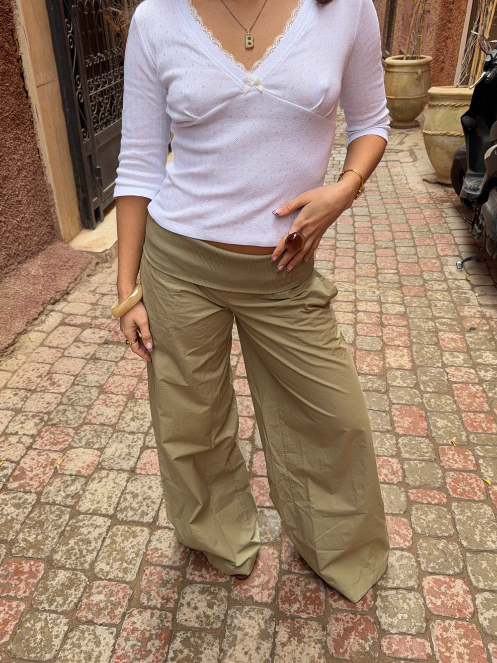 Suza pants with ribbed waist - Khaki