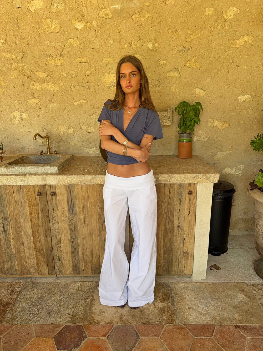 Suza pants with ribbed waist - White