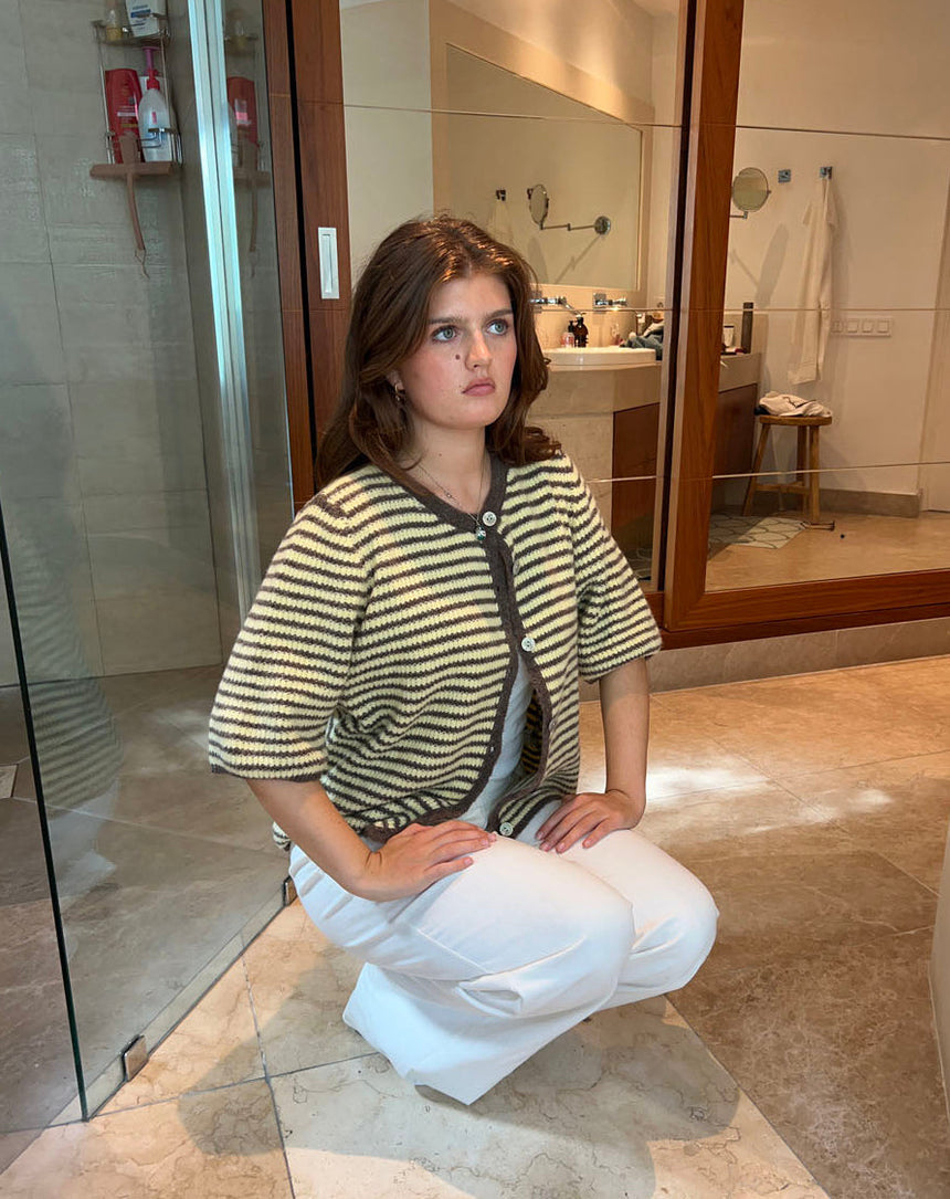 Lilalo short-sleeved cardigan with stripes – Yellow/Brown