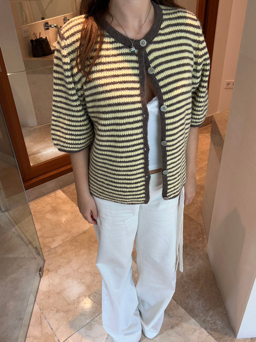 Lilalo short-sleeved cardigan with stripes – Yellow/Brown