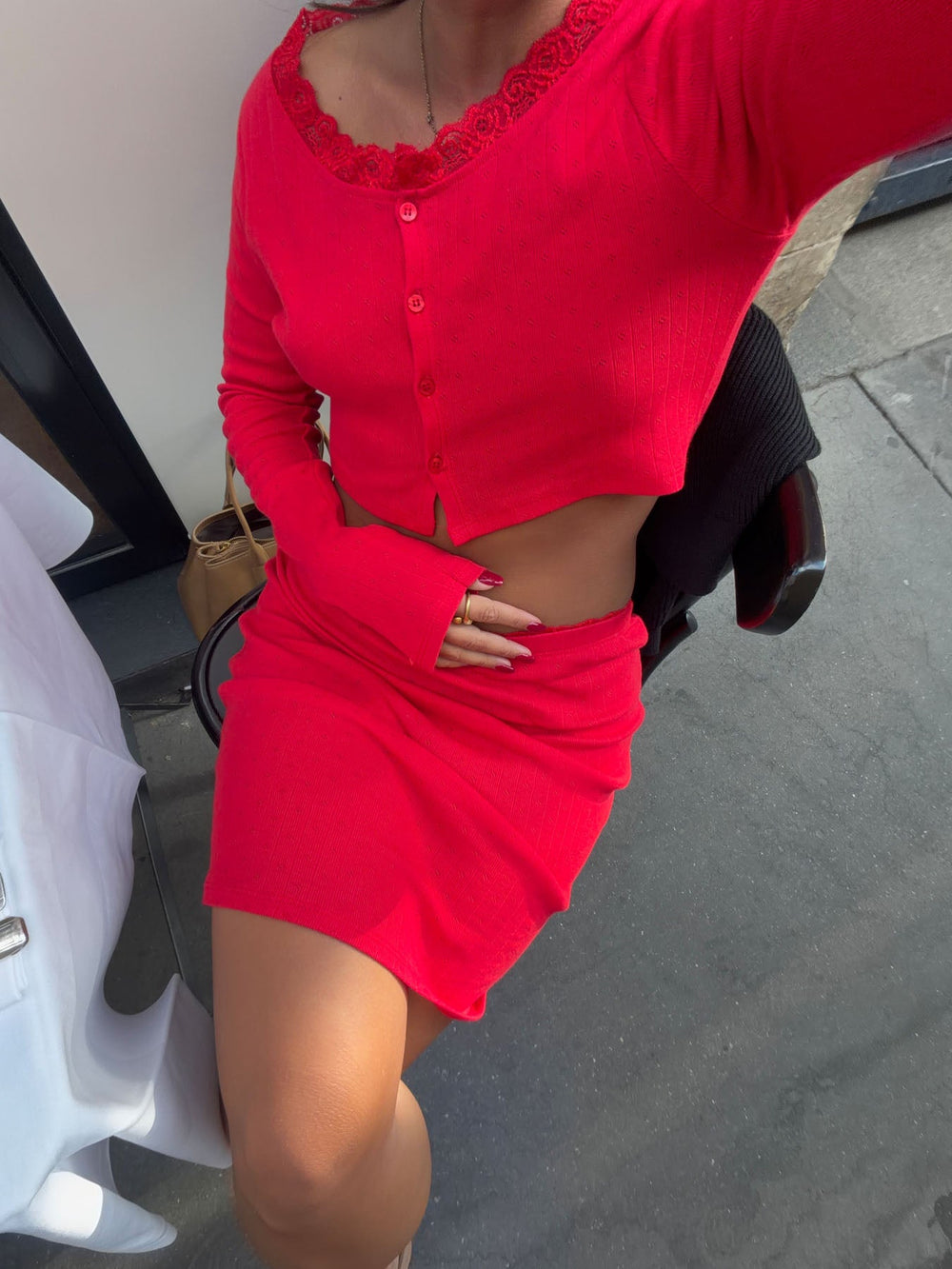 Tina cropped cardigan in pointelle - Red