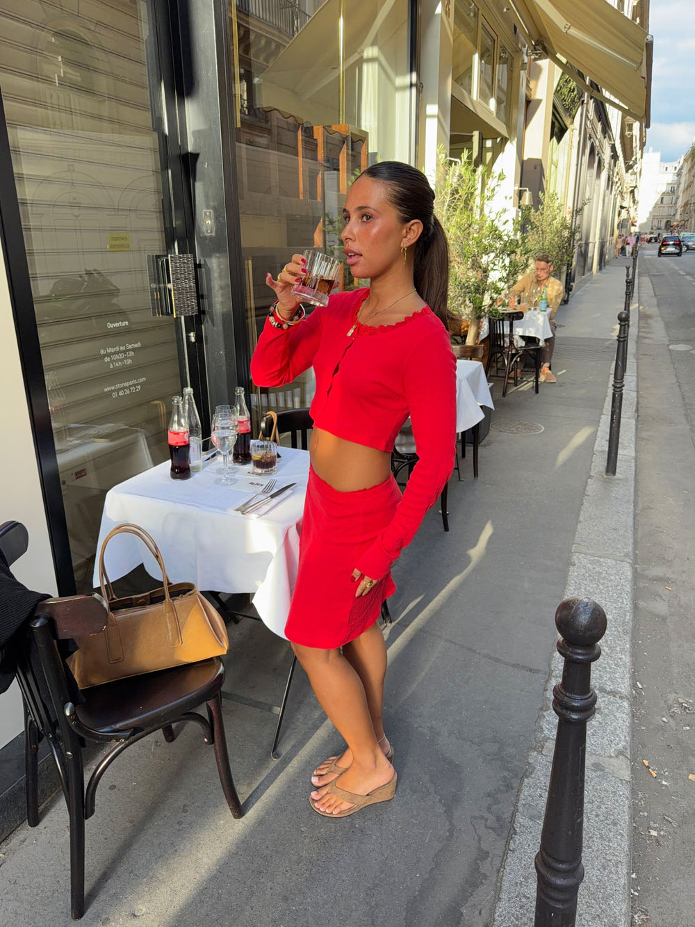 Tina cropped cardigan in pointelle - Red