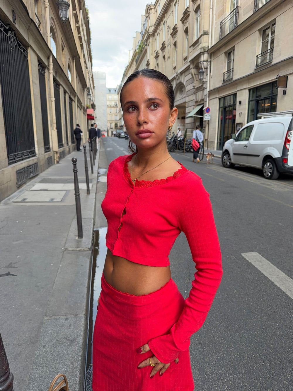 Tina cropped cardigan in pointelle - Red