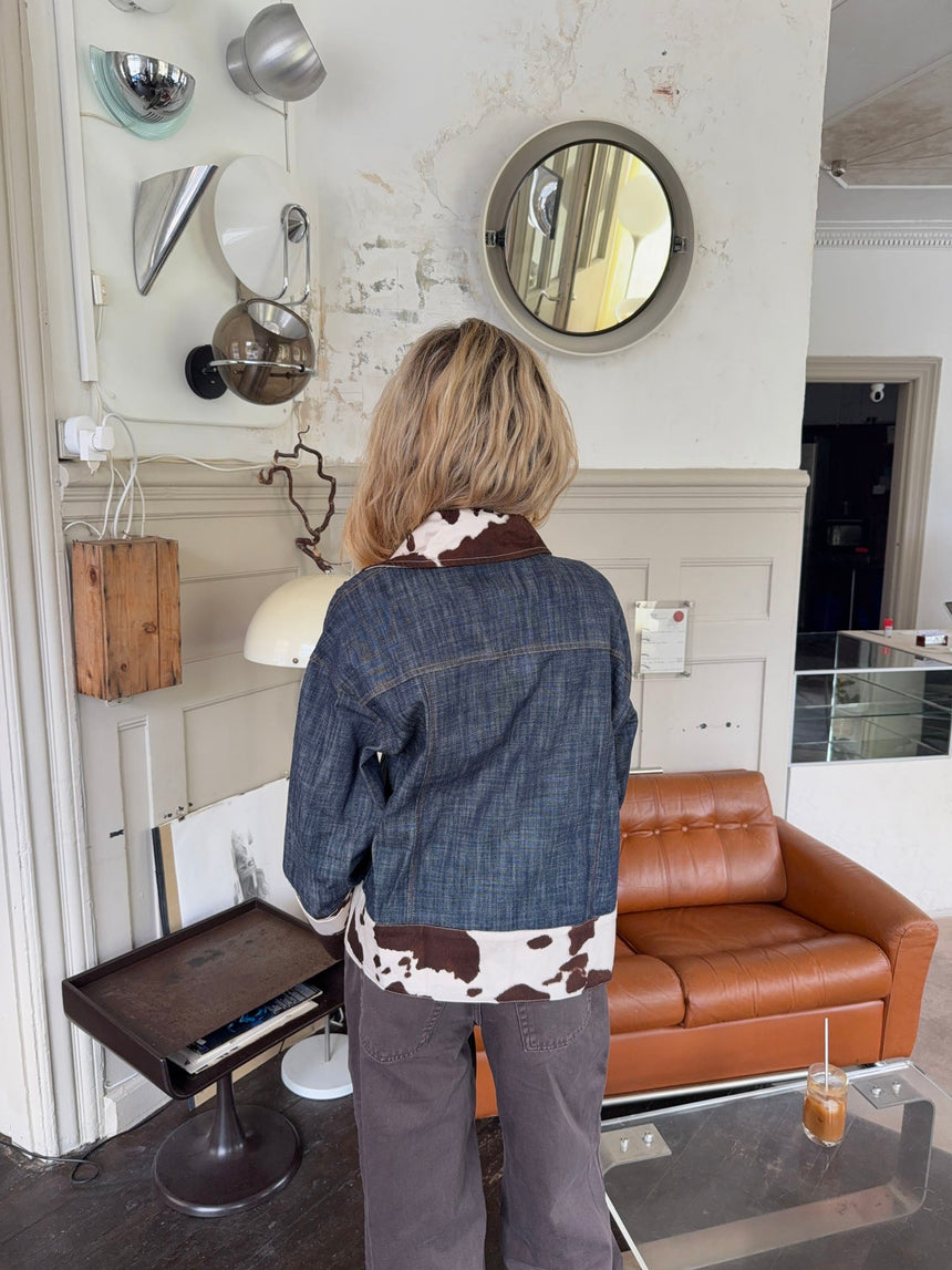 Suiva denim jacket with cow print – Blue/brown/white
