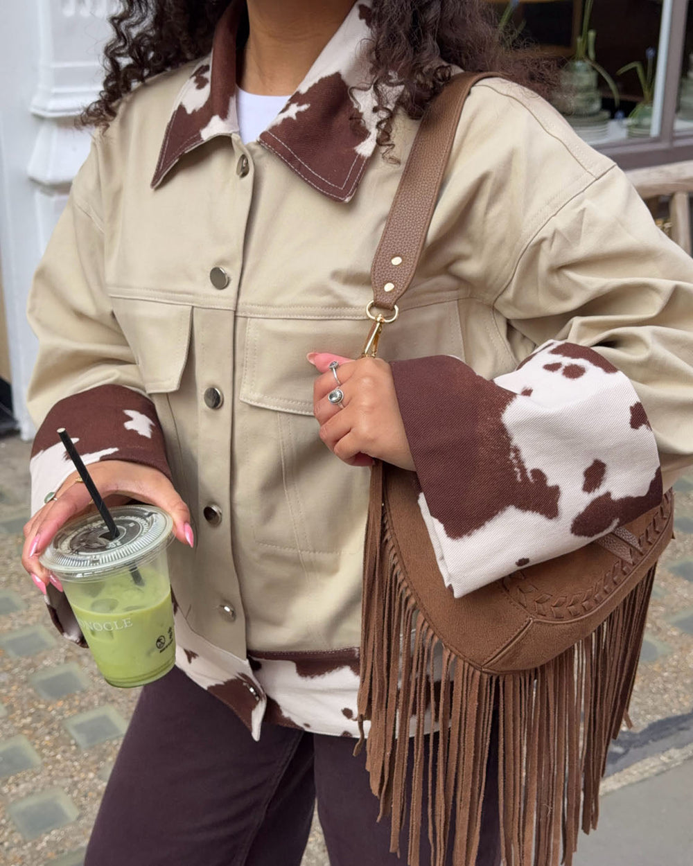 Scandivv denim jacket with cow print - Beige/brown/white