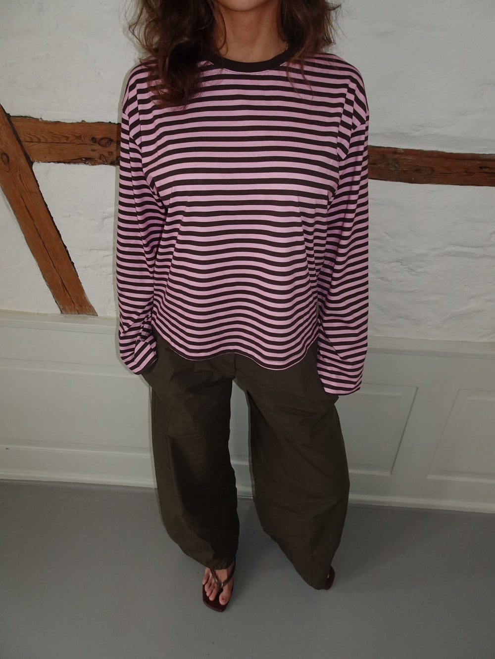 "Main character energy" blouse with stripes - Pink/brown/yellow