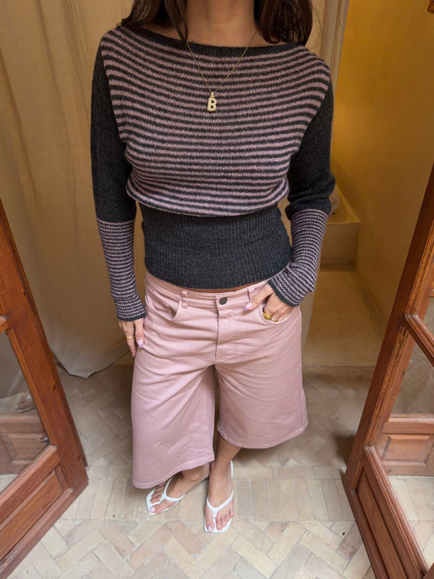 Margo fitted striped knit sweater – Grey/pink