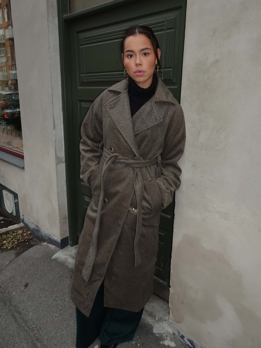 Esther coat with belt - Brown/grey