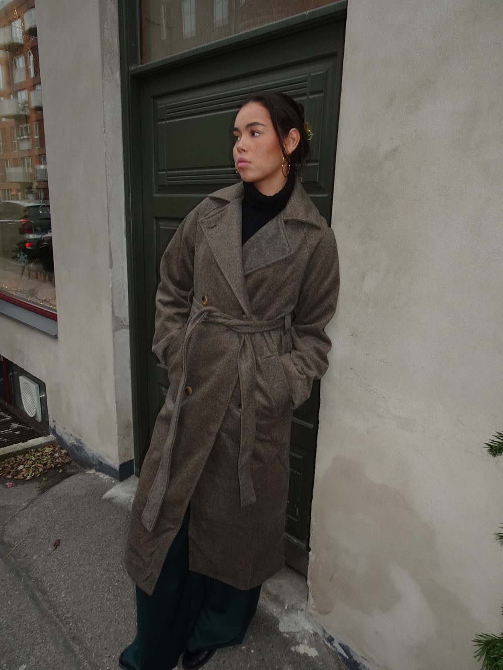 Esther coat with belt - Brown/grey