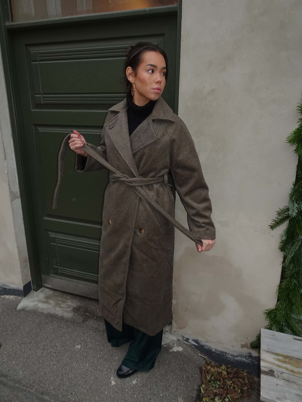 Esther coat with belt - Brown/grey