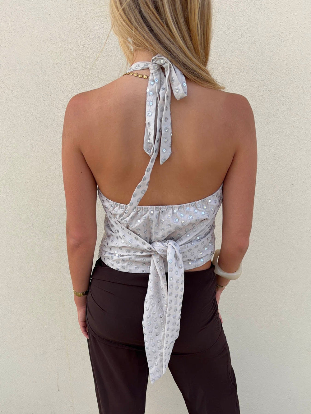 Stiney halterneck top with sequins – Beige