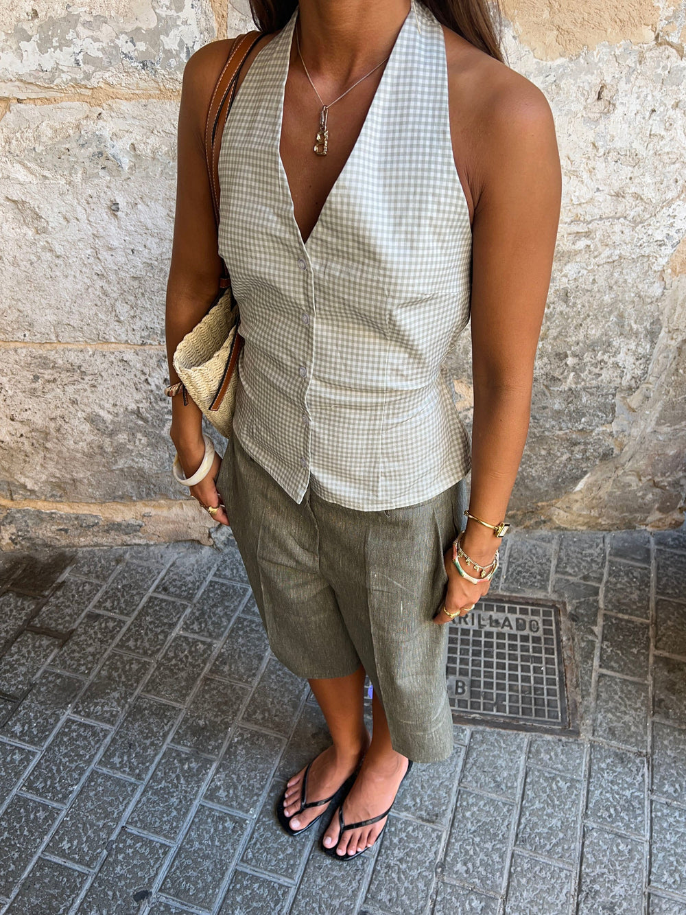 Klara halterneck top with checkers - White/green