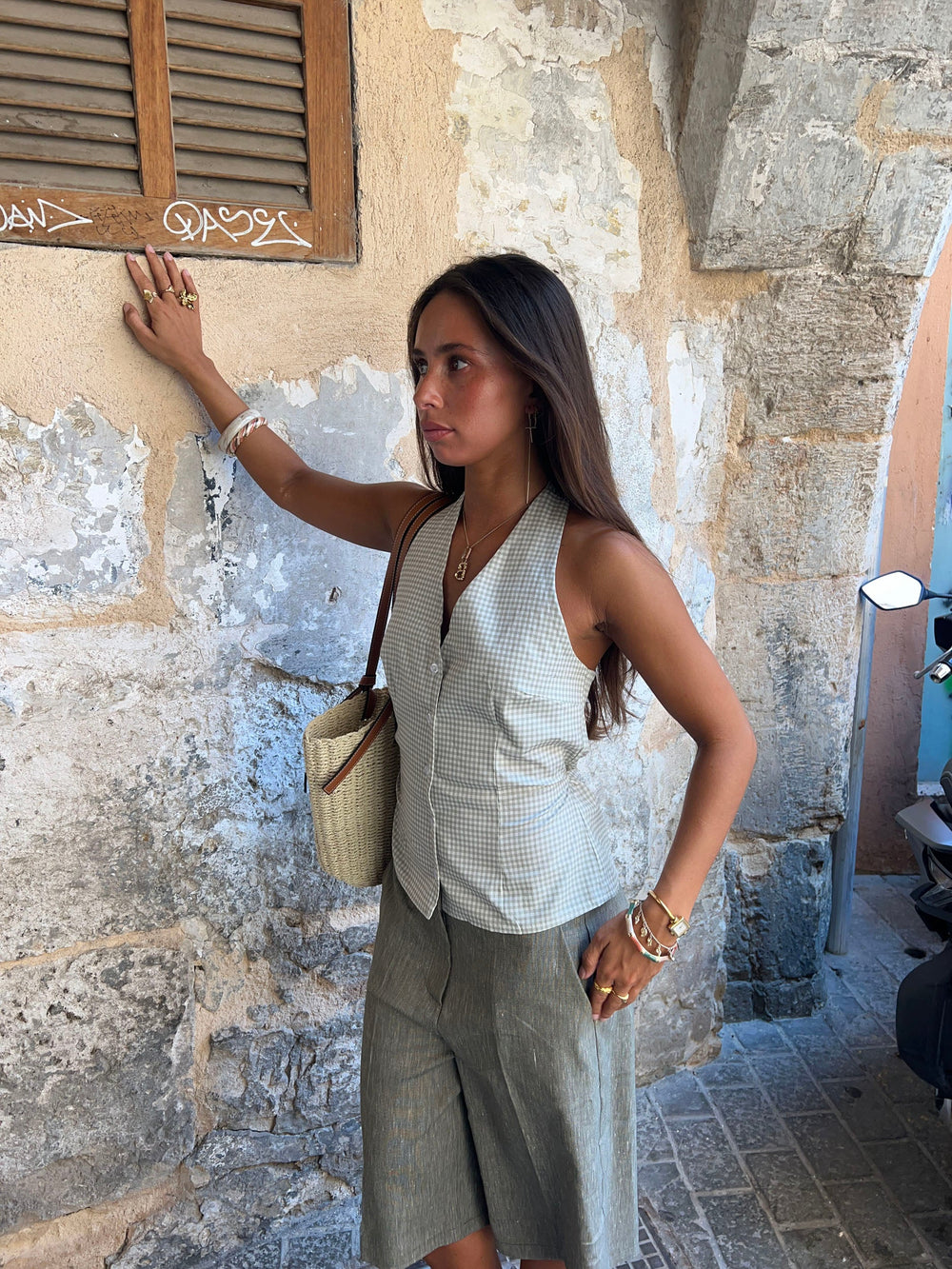 Klara halterneck top with checkers - White/green