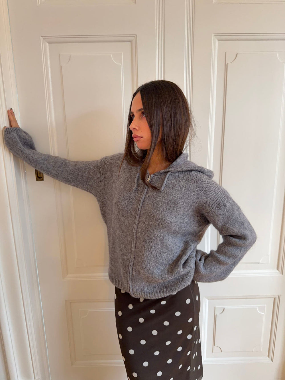 Gregina knitted hoodie with zip - Grey