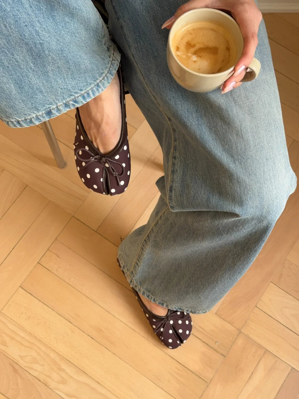 Tovea Split Toe Ballerina with Polka Dots - Brown/White